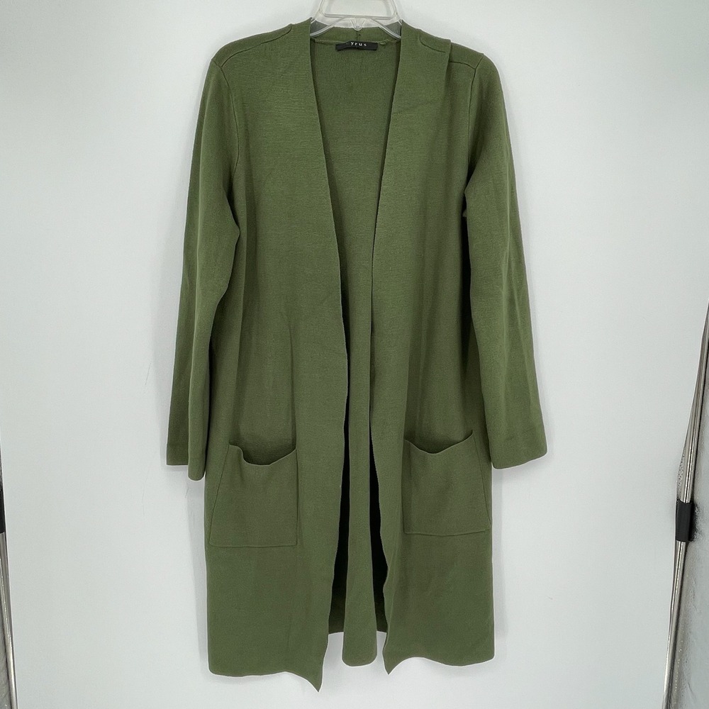 Cyrus Women Green Open Front Longline Pocket Cardigan Sweater Size Large